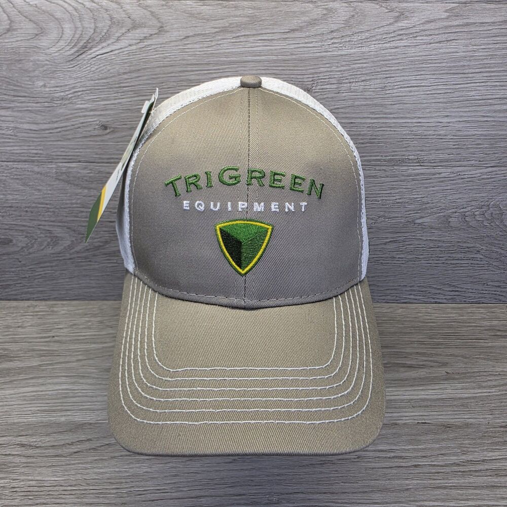John Deere TriGreen Equipment Trucker Hat Snapback Mesh Cap Khaki Tan NWT OS